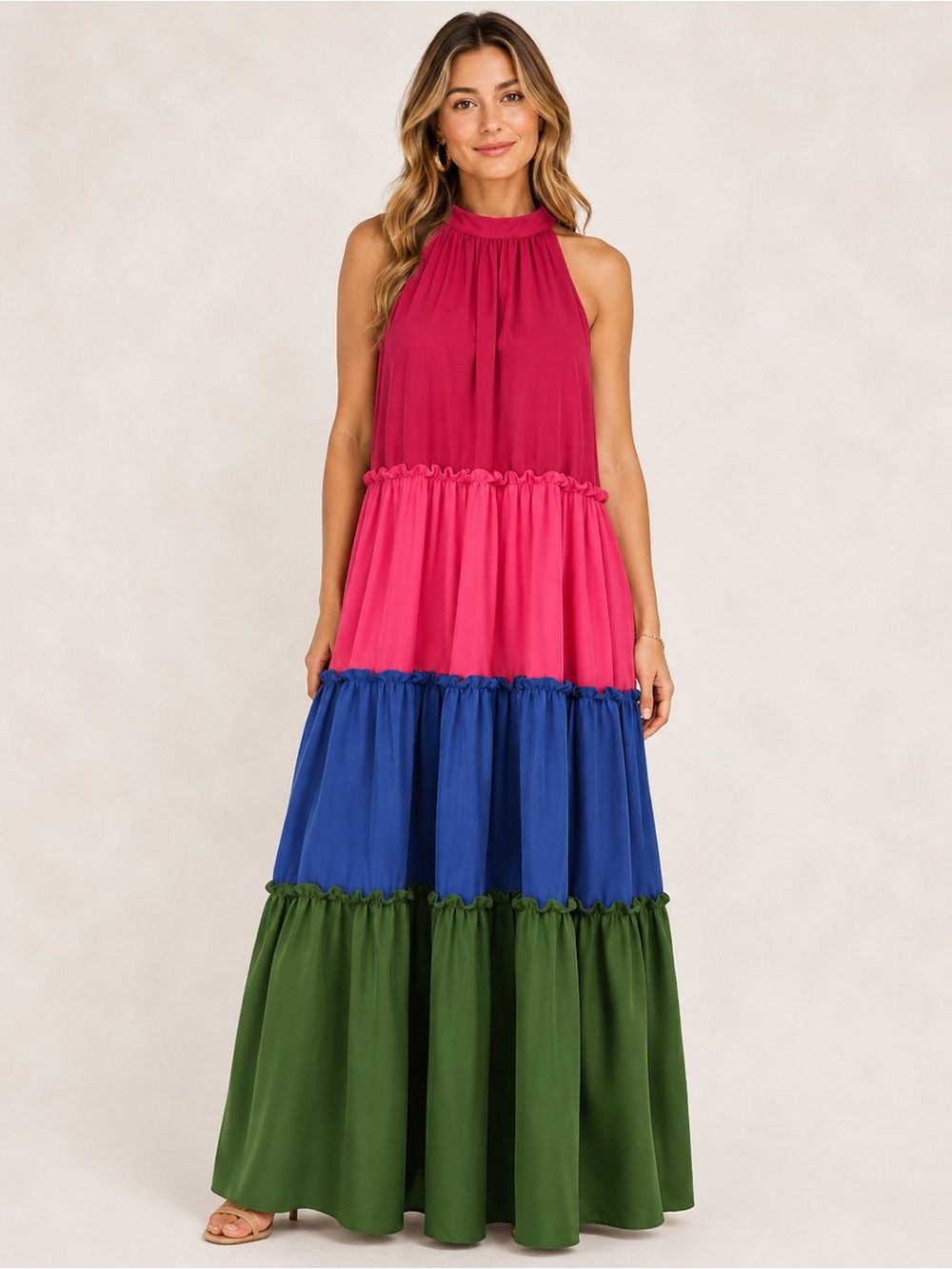 Chico’s Colorblock Tiered Maxi Dress Pink Blue Green Halter Coastal Resort